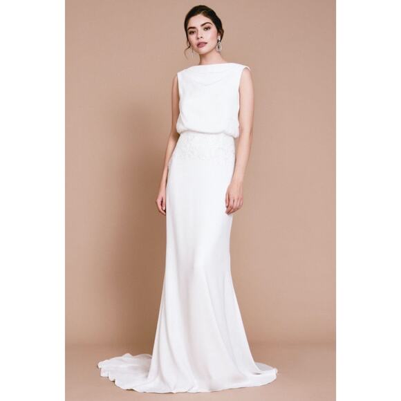 Tadashi Shoji Lilo Back Drape Wedding Gown Ivory 6 Elegant Formal Bridal - Picture 1 of 15